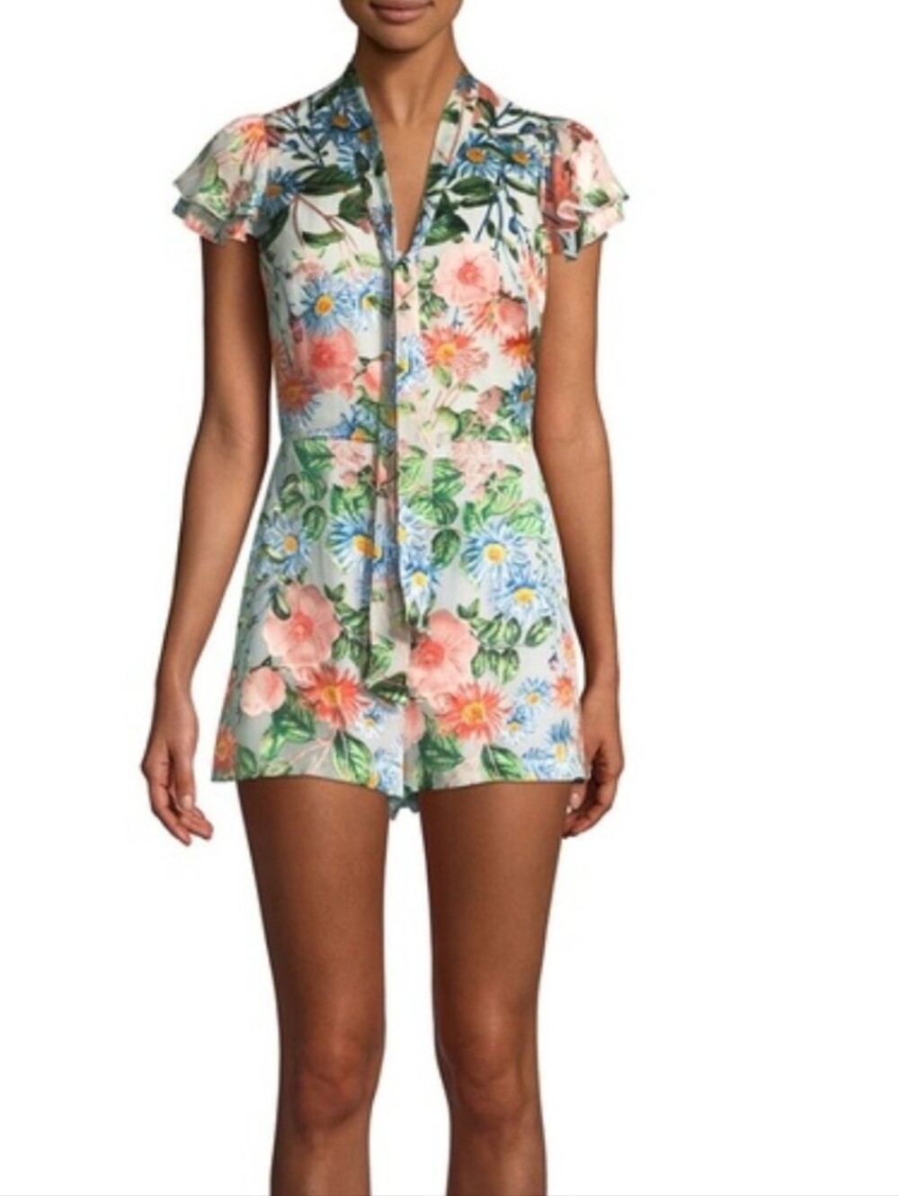 Alice + Olivia White Floral V-Neck Romper with Velvet Texture Summer Preppy